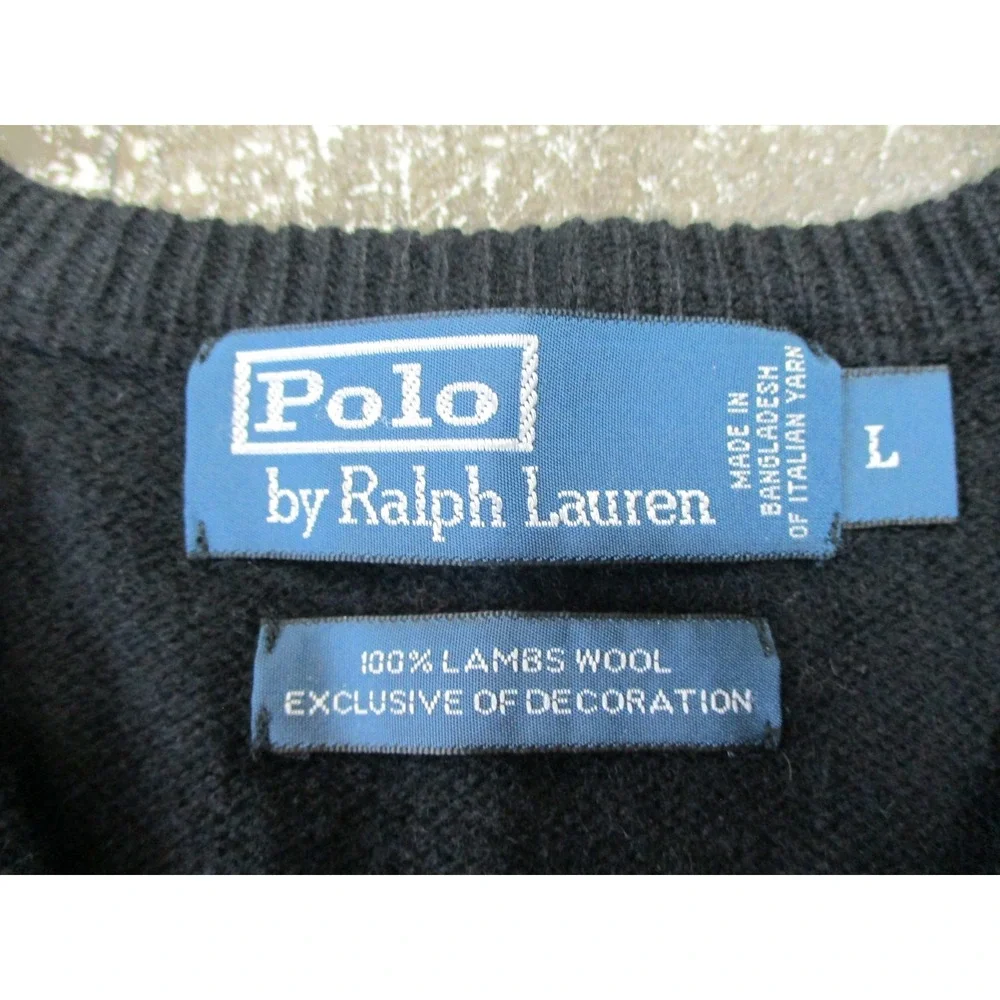 Polo Ralph Lauren Sweater Mens Large Black Lambs Wool V Neck Pullover Luxury